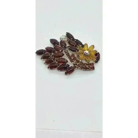 Vintage Rhinestone Brooch Citrine Flower Brown Open Back AB Drama Statement - Picture 5 of 9